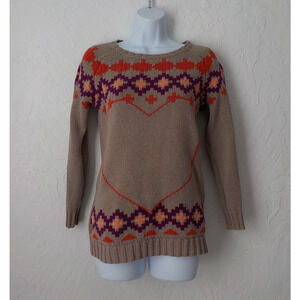 Vintage Old Navy Brown Knit Sweater Red Heart Purple Aztec Intarsia Teen size XL
